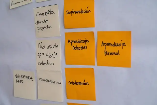 Notas adhesivas escritas a mano ordenadas sobre un papelógrafo